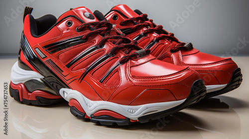 Red and black sports shoes, studio white background