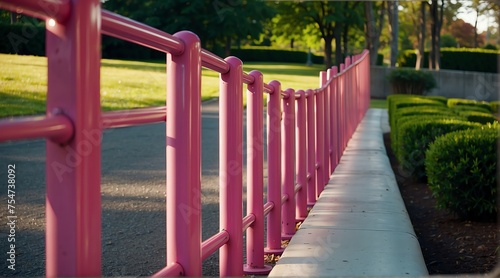 pink metal fence railings on side of park from Generative AI