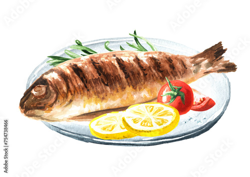 Photography Grilled fish trout with cherry tomatoes and lemon
