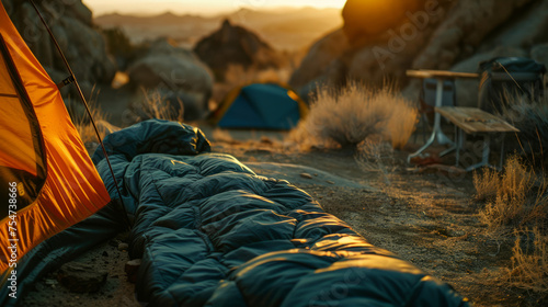 Golden sunrise illuminating a camping setup with orange tent and sleeping bag amongst desert brush #754738666
