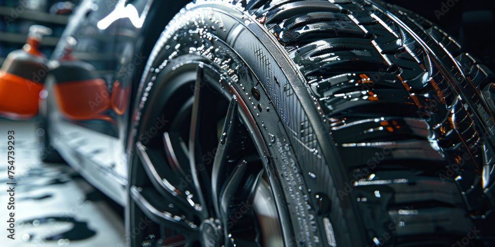 A detailed close-up showcasing the water beads on the black, shiny tire treads with bottles of car detailing products in the background