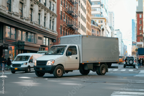 Mockup of a small truck with white van on a city street, side view. AI generative