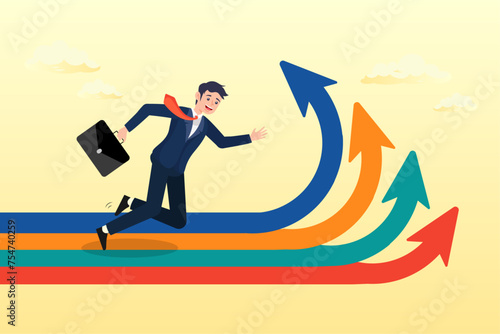 Businessman running to different arrow pathway, career decision, choosing direction choices for future opportunity, different path to success, decide or progress options for career growth (Vector)