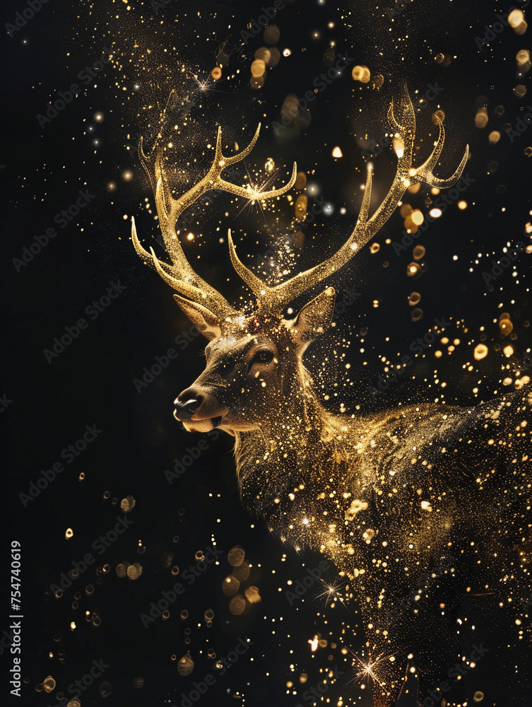 Golden Sparks in deer shape on black background  - obrazy, fototapety, plakaty 