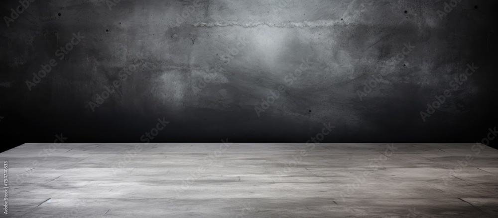 A black and white depiction of an empty room with dark cement walls and a table. The perspective shows the interior of the room, suitable for use in montages, displays, or editing. - obrazy, fototapety, plakaty 