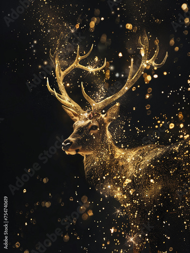 Golden Sparks in deer shape on black background 