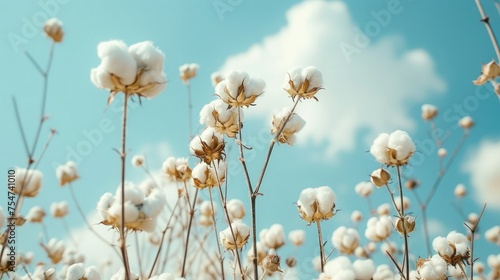 a group of cotton crops is shown on a sunny day, in the style of minimalist purity, photo bashing, light beige and sky-blue, eye-catching, dreamy and romantic, boors, 