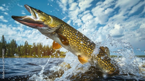 Close up of a large northern pike jumping wildly out of wild water on a summer evening, blue sky, Vibrant spectrum color effect 