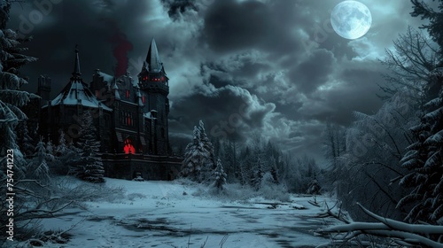 photo of a stormy winter night. In the background a dark vampire castle. Background dark red and black, hopeless 