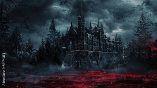 photo of a stormy winternight. In tha background a dark vampire castle. Background dark red and black, hopeless  photo