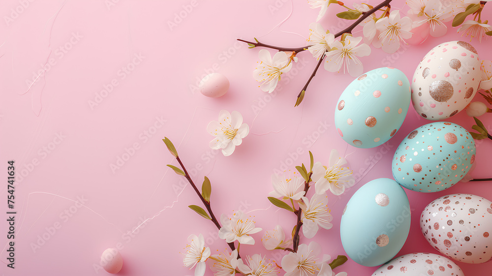 Eggs with a pink background. Eggs come in many colors such as pink, yellow, and blue. The nest is surrounded by branches and flowers, creating a peaceful and natural atmosphere.