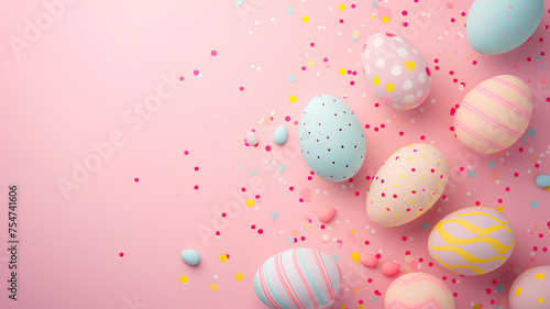 Eggs with a pink background. Eggs come in many colors such as pink  yellow  and blue. The nest is surrounded by branches and flowers  creating a peaceful and natural atmosphere.