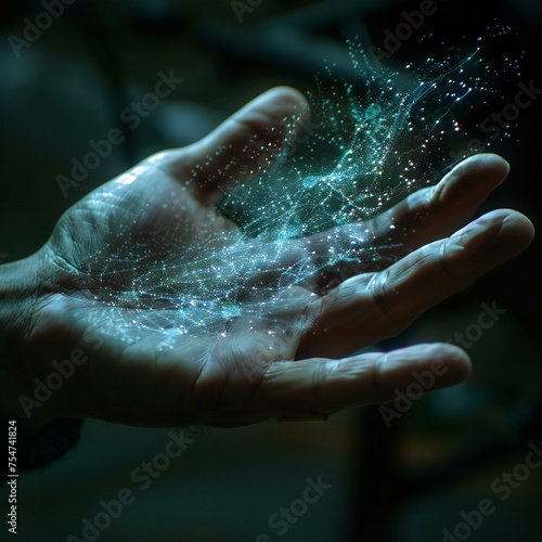  Digital neural network or hand touching metaverse universe or next generation technology era