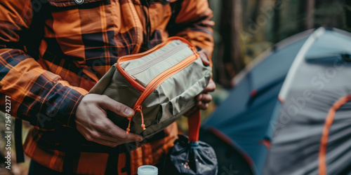 A camper attentively unzips an orange pouch with essentials, set against a blurred tent and forest background