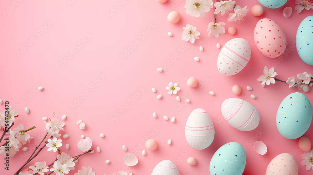 Eggs with a pink background. Eggs come in many colors such as pink, yellow, and blue. The nest is surrounded by branches and flowers, creating a peaceful and natural atmosphere.