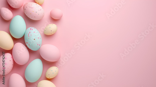 Eggs with a pink background. Eggs come in many colors such as pink, yellow, and blue. The nest is surrounded by branches and flowers, creating a peaceful and natural atmosphere. © วิรัช วนาพาพบสุข