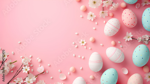 Eggs with a pink background. Eggs come in many colors such as pink, yellow, and blue. The nest is surrounded by branches and flowers, creating a peaceful and natural atmosphere.