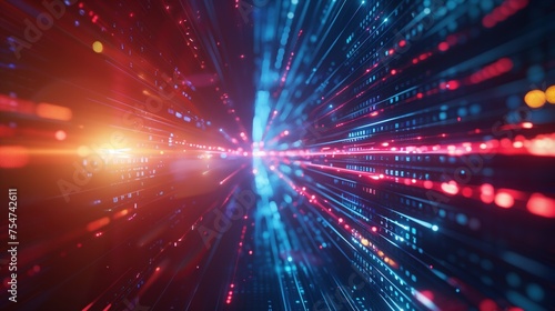 Speed of Information, Datastream Velocity, high-speed movement of data through a digital tunnel, represented by streaks of red and blue light converging toward a central vanishing point, simulating