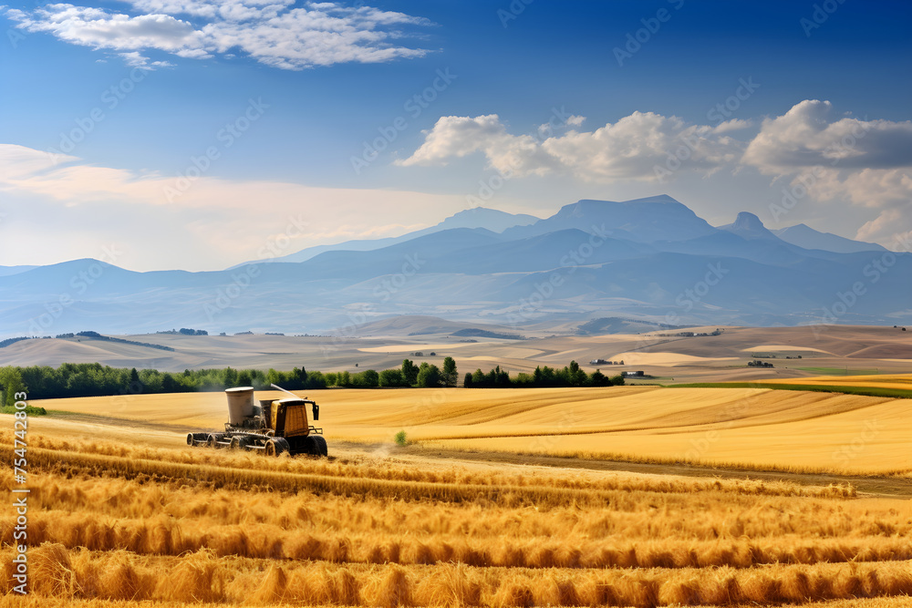 Harvesting golden wheat in vast farmlands under serene sky