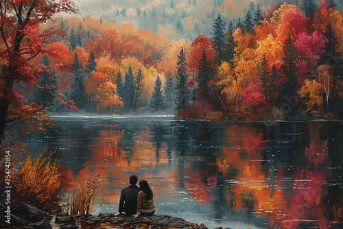 A couple sitting by the water in autumn with the reflection of colorful leaves dancing on the surface of the lake. © Digitalphoto 4U