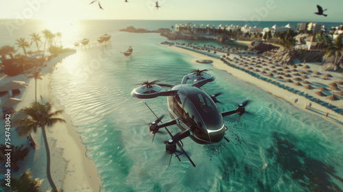 Flying taxi hovering above a scenic coastal town or hotel with turquoise waters, sandy beaches dotted with umbrellas, and palm trees swaying in the breeze, while seagulls glide gracefully overhead photo