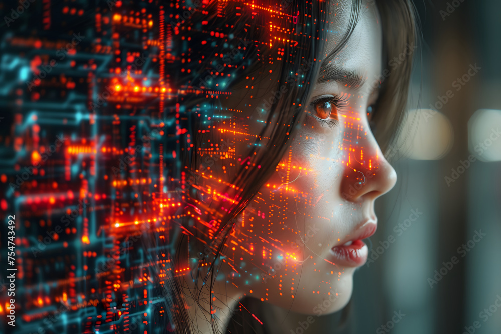 Woman Looking Out of Window With Red and Blue Lights Woman Looking Out of Window With Red and Blue Lights