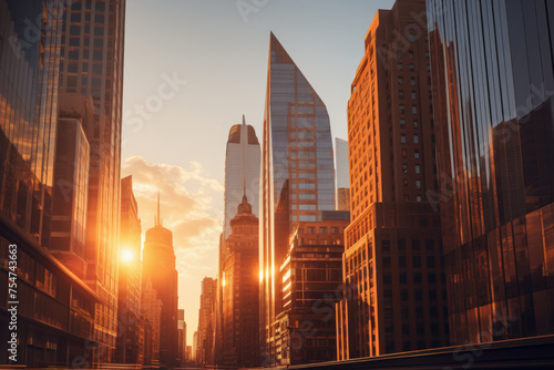 Sunset illuminating skyscrapers in urban cityscape. Modern architecture photo