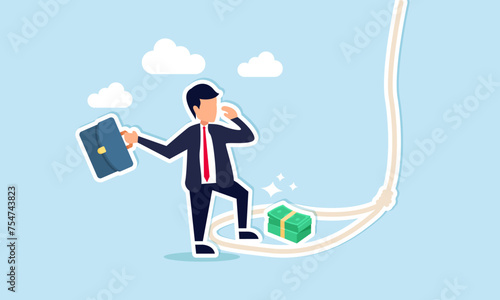 Money traps exploit greed, posing threats like fraud, attacking victims, leading to financial or investment concept, greed businessman try to step into tricky rope trap to get money banknotes bundle.
