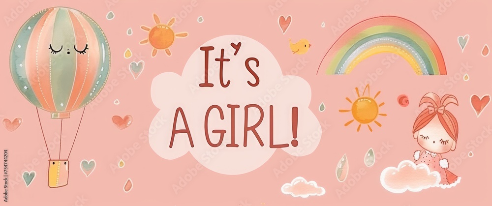 Baby shower template for girl. Its a girl baby shower invitation with lettering. Cute cartoon style baby girl with a hot air balloon, rainbow, toys, sun and clouds Baby shower template for girl. Its a girl baby shower invitation with lettering. Cute cartoon style baby girl with a hot air balloon, rainbow, toys, sun and clouds