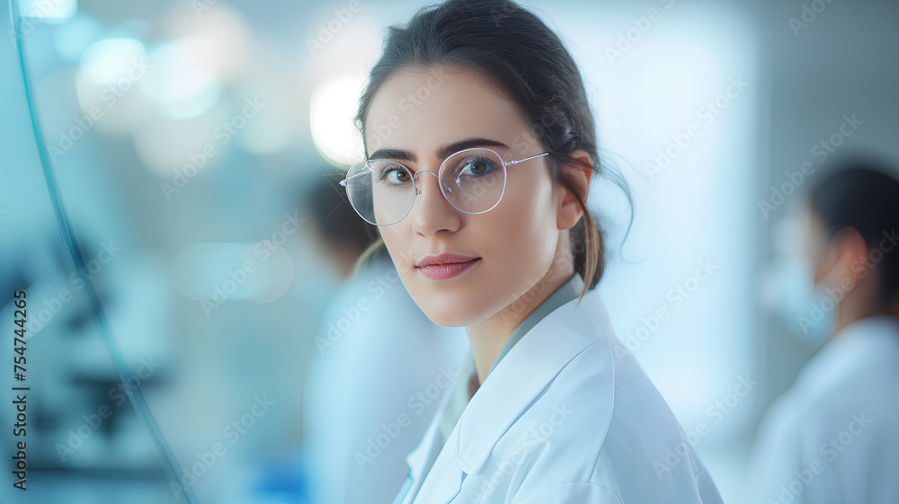 A woman wearing glasses and a white lab coat is smiling for the camera. She is a scientist or a medical professional A woman wearing glasses and a white lab coat is smiling for the camera. She is a scientist or a medical professional