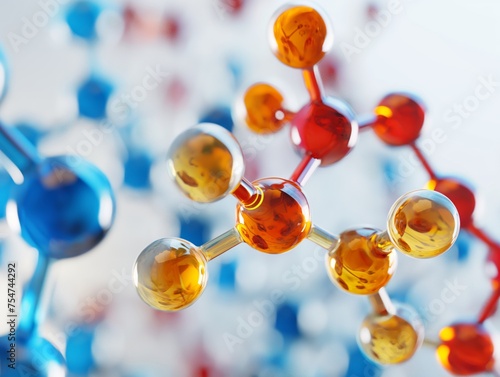 A close-up view of a colorful molecular model representing scientific concepts and research.