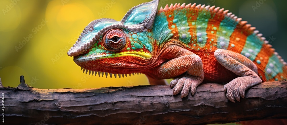 A vibrant chameleon with panther-like coloring is perched on a tree branch, showcasing its unique hues and intricate patterns up close in this natural setting.