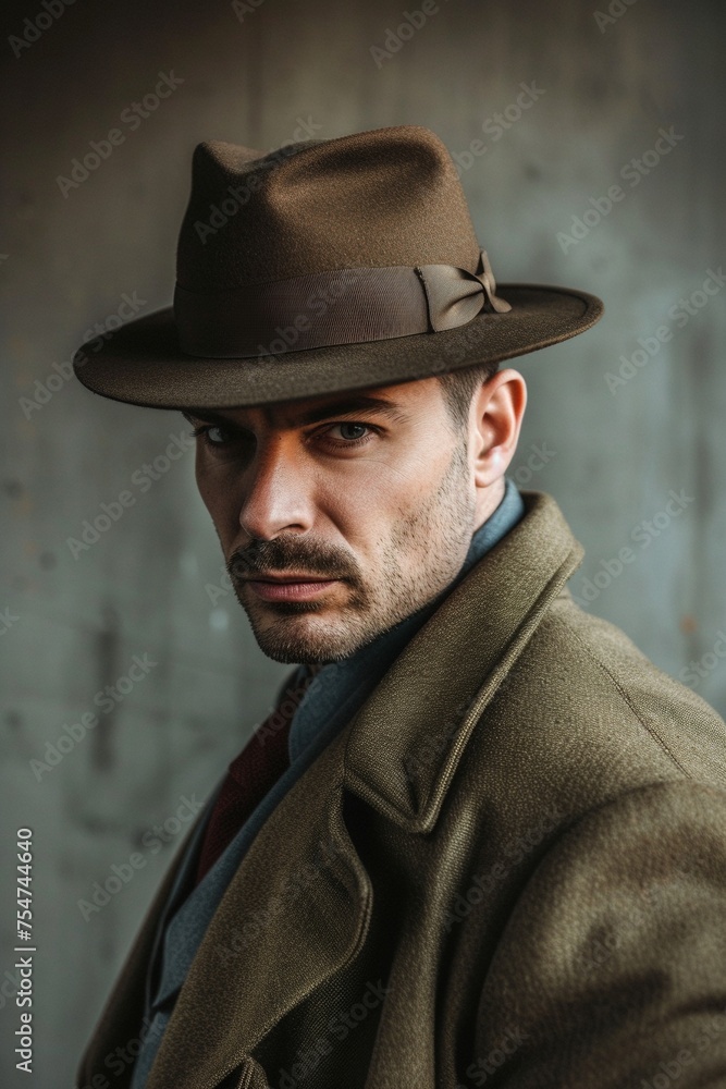 Portrait von einem Mann mit einem Hut. Er hat die Optik von einem Detektiv Portrait von einem Mann mit einem Hut. Er hat die Optik von einem Detektiv