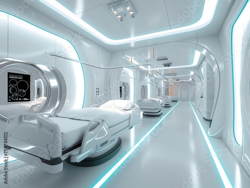 A modern, sleek hospital ward equipped with cutting-edge medical technology and patient beds.