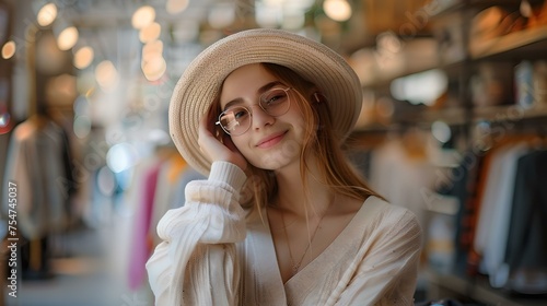 Elegant woman in a hat smiling inside a boutique. fashion and lifestyle. casual summer style. modern femininity captured in a warm setting. AI © Irina Ukrainets