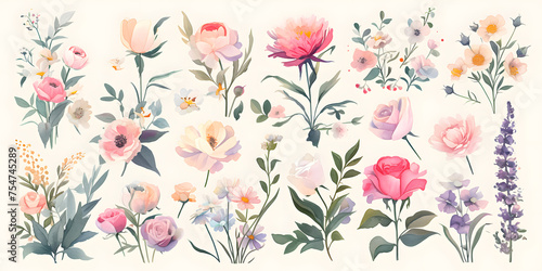 Elegant Collection of Hand-Painted Watercolor Floral Elements Generative AI