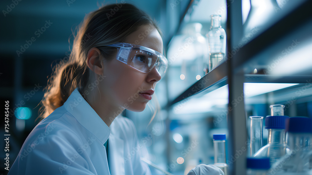 A woman in lab coat working with red liquid She wore a robe and gloves. and focus on her work A woman in lab coat working with red liquid She wore a robe and gloves. and focus on her work