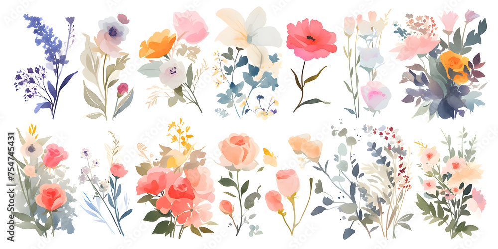 Elegant Collection of Hand-Painted Watercolor Floral Elements,Generative AI