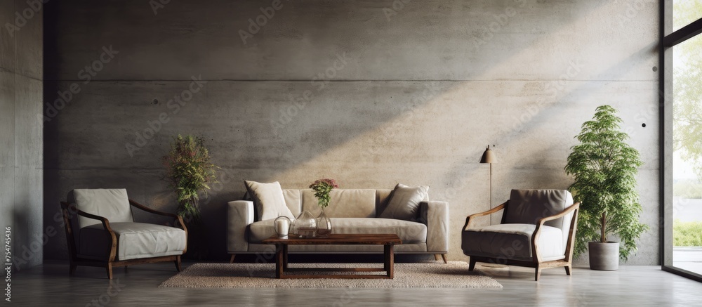 A spacious living room featuring a variety of furniture pieces such as a sofa, coffee table, and armchairs, all arranged neatly in front of a large window. The room is well-lit, showcasing a modern A spacious living room featuring a variety of furniture pieces such as a sofa, coffee table, and armchairs, all arranged neatly in front of a large window. The room is well-lit, showcasing a modern