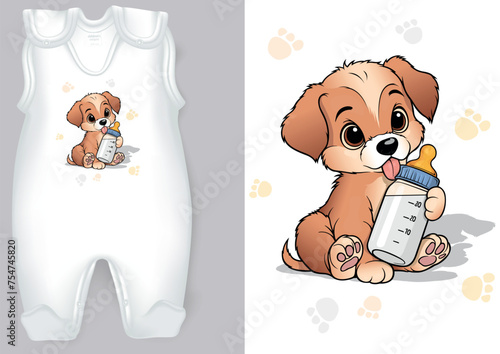 White Baby Rompers with a Cartoon Motif of a Puppy with Baby Bottle - Colored Illustration with Adorable Print Isolated on White Background, Vector