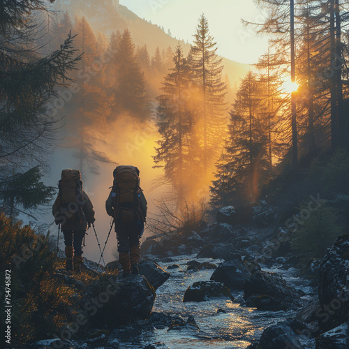 Hikers with backpacks on the trail in the mountains at sunrise.