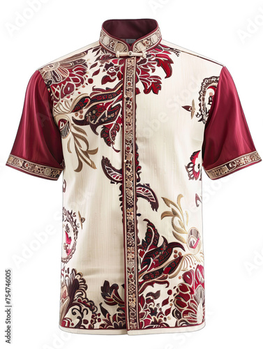 Luxury Cream And Red Short Sleeve Men_s shirt With Batik Pattern On Transparent Background