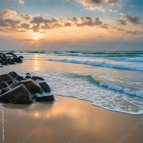 Peaceful beach scene with gentle waves rolling onto the shore