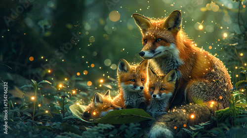 Luminous fireflies illuminating a fox family in a mystical forest soft glow reflecting off wet fur as they huddle under a giant leaf showcasing nurturing moments in the wild