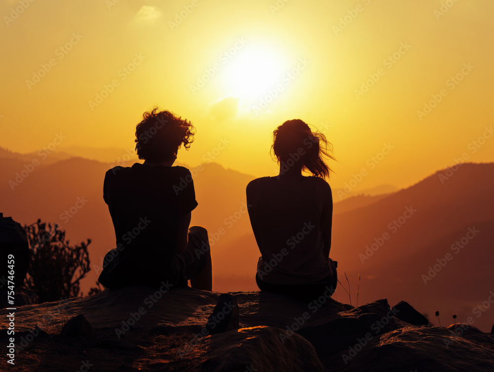 Silhouettes of two young women watching colorful sunset at mountains, Affectionate friends: Lesbian couple enjoys dawn in mountain landscape, radiating love. AI generated image