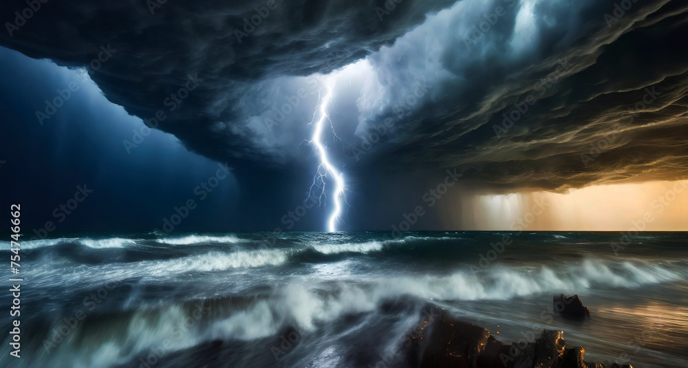 Tornado storm, lightning, over the ocean