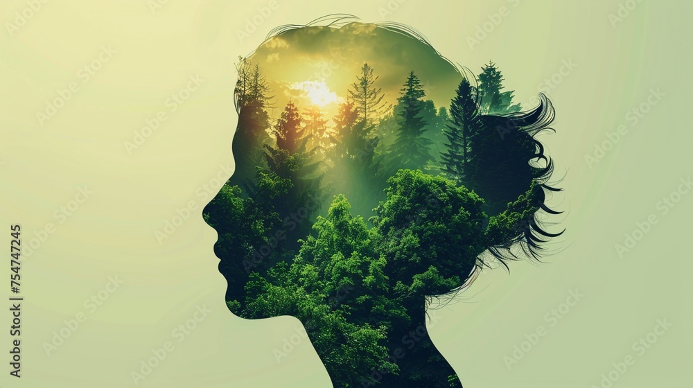 An illustration of a persons silhouette filled with a lush forest scene depicting the concept that nature exists within us all. The background is a gradient from dawn light to twilight