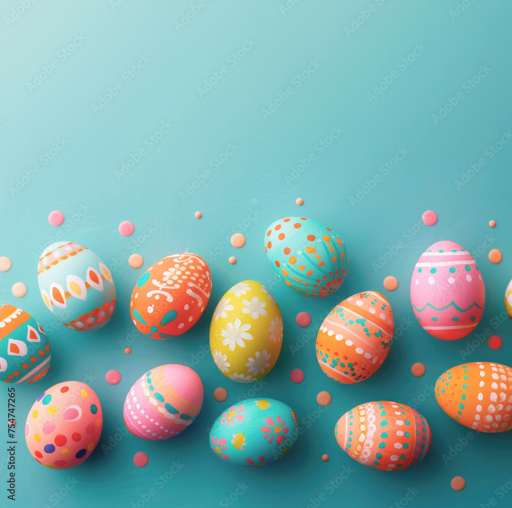 Happy Easter greeting card; Colored eggs  color background copyspace