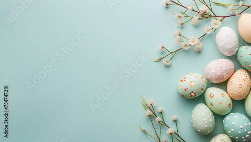 Happy Easter greeting card; Colored eggs  color background copyspace