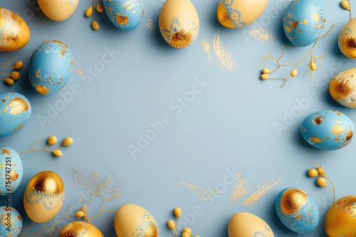 Happy Easter greeting card; Colored eggs  color background copyspace